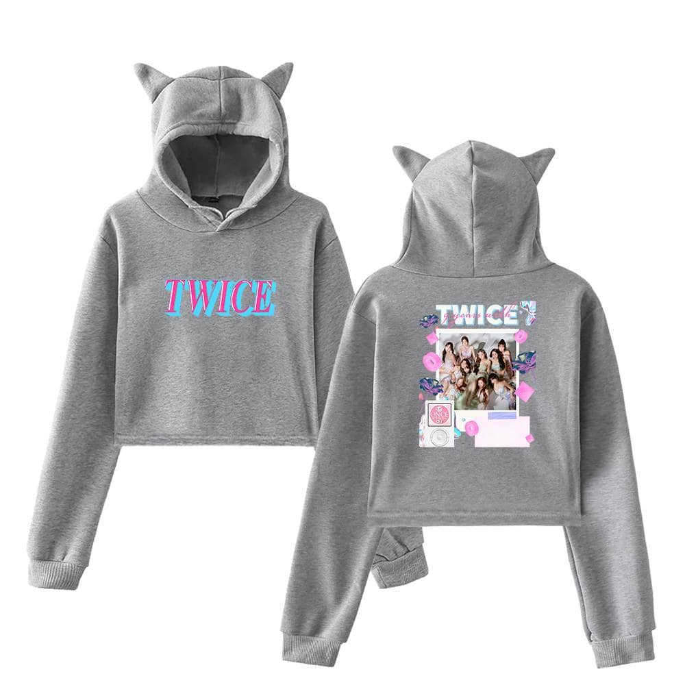 Twice kpop merch, twice kpop merch hoodie with cat ears and group photo design, trendy gray hoodie for fans of TWICE, featuring bold text and cute graphics, perfect for showing fandom support.