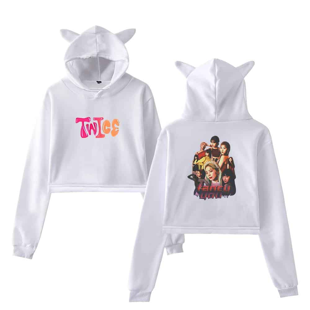 Twice kpop merch hoodie with cat ears, featuring colorful TWICE logo on front and group image on back, perfect for fans who love cute and stylish K-pop apparel.