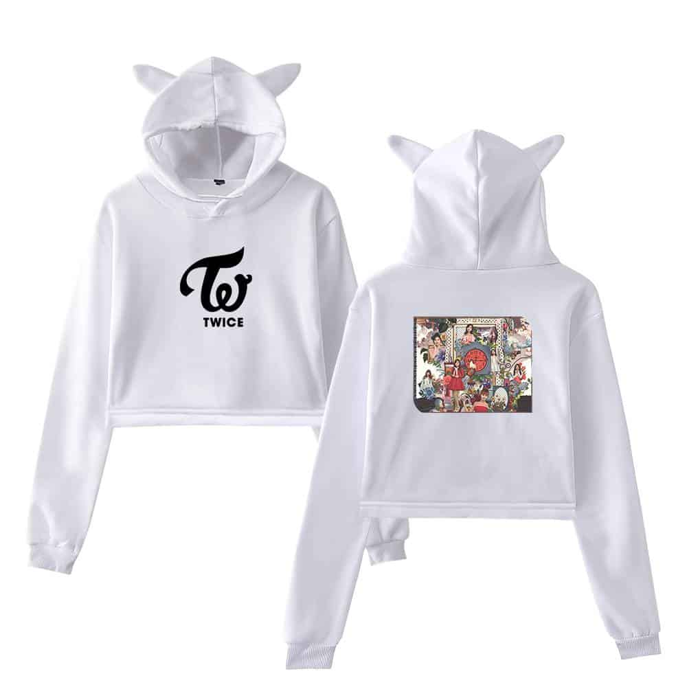 Hoodie set featuring TWICE logo on the front and colorful artwork on the back, with playful cat ear details on the hood. Perfect for K-pop fans who love TWICE merchandise.