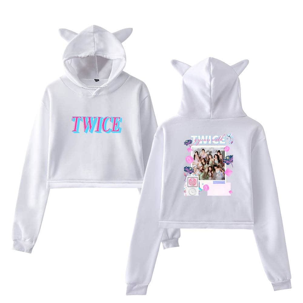 TWICE K-pop hoodie with cute animal ears, featuring the group's name on the front and a photo collage on the back, perfect for fans.
