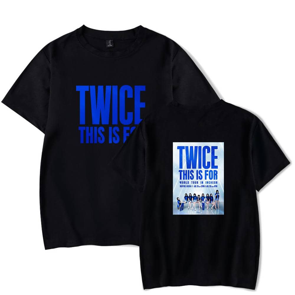 TWICE merchandise t-shirts featuring tour graphics and bold text designs.