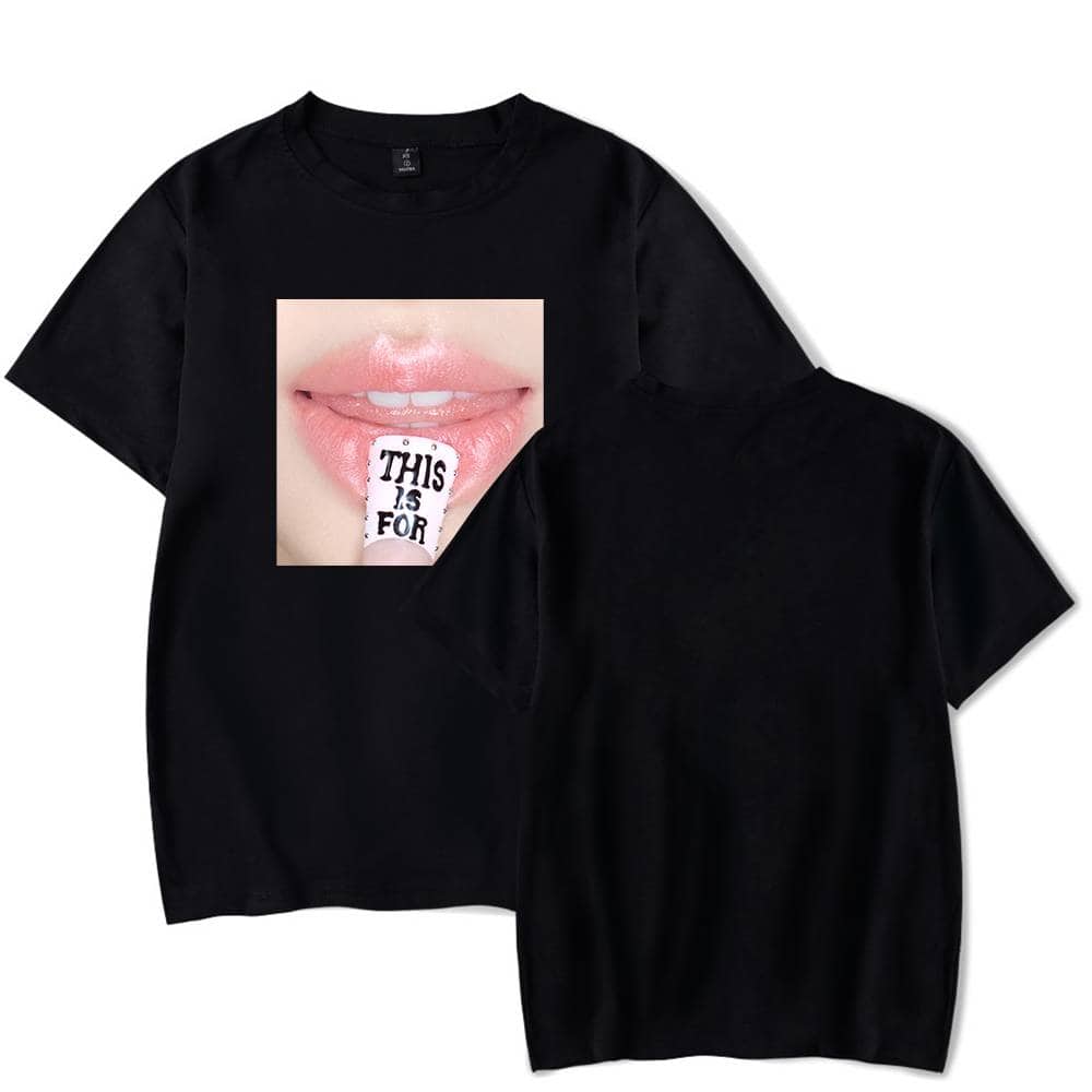 Black t-shirt with a graphic of lips and a caption card reading "THIS IS FOR", K-pop merch, trendy and stylish, perfect for fans and collectors of Korean pop music memorabilia.