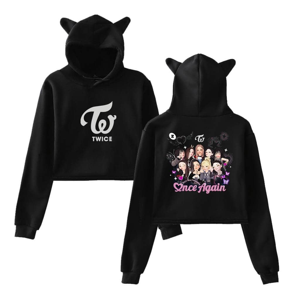 TWICE Kpop merchandise hoodie with cute cartoon design and "Once Again" text, featuring cat-ear hood and fan-inspired print. Perfect for TWICE fans and kpop collectors.