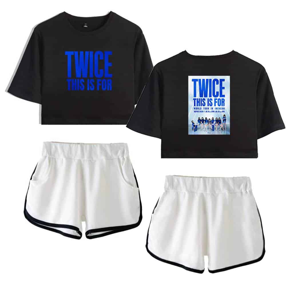 Twice merchandise matching set featuring black cropped T-shirts with blue text and white shorts with black trim, inspired by TWICE's world tour. Perfect for K-pop fans.