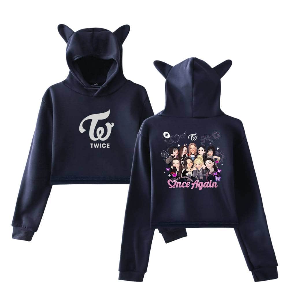 TWICE K-pop hoodie set with cartoon members and cute bear ears, perfect for fans. Soft fabric and vibrant print showcase your love for TWICE. Two-piece merch showcasing popular K-pop girl group TWICE.