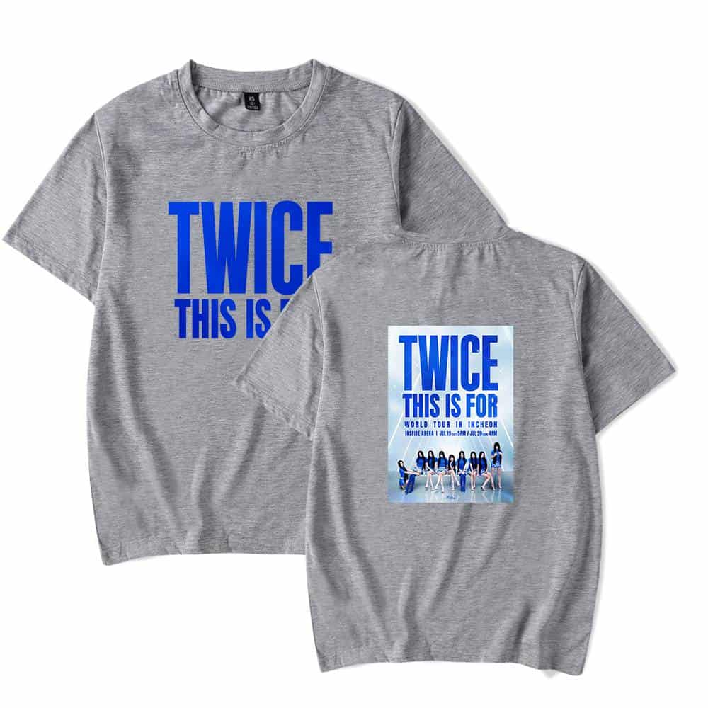 TWICE merchandise t-shirt with concert graphic, grey fabric, and bold blue text for fans.